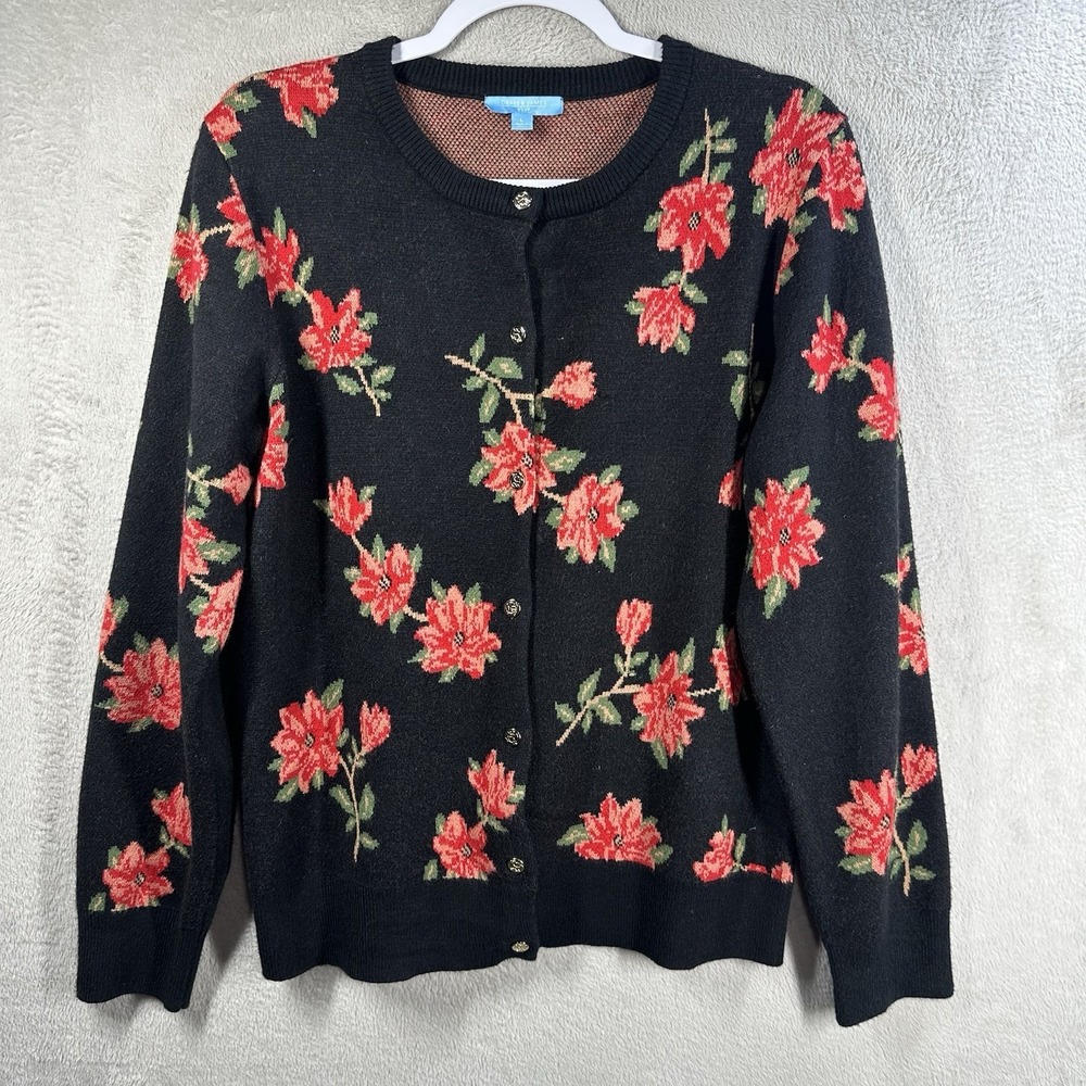 Draper James Poinsettia Red‎ Black Floral Cardigan Sweater Women's L